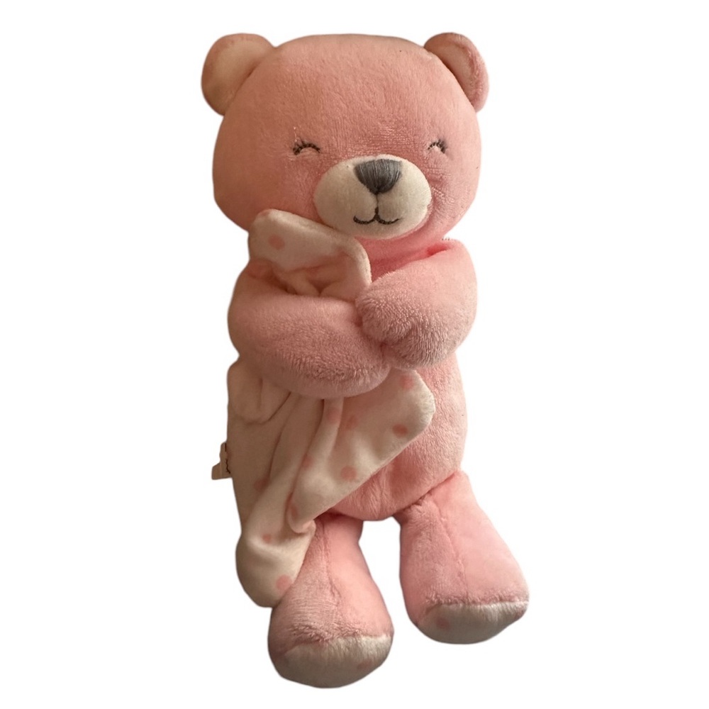 Carters Just One You Pink Plush Teddy Bear Rattle Holding A Security Blanket 8”